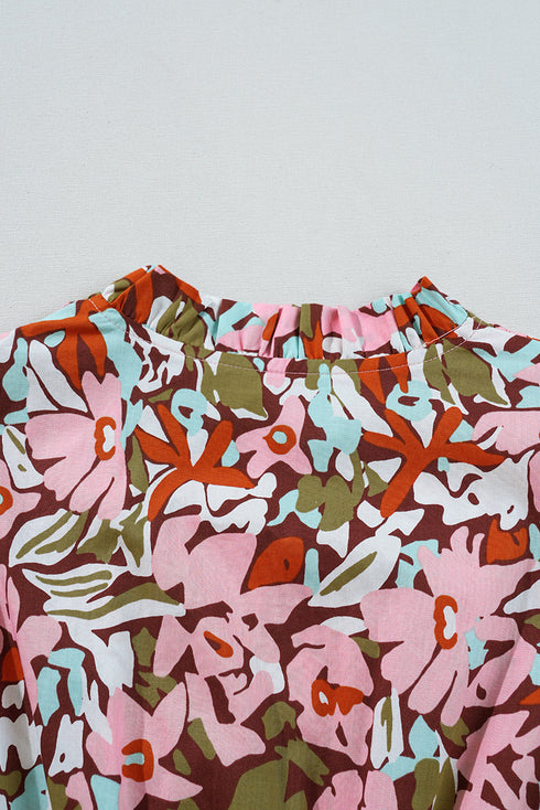 Pink Floral Print Puff Sleeve Shirred High Waist Mini Dress